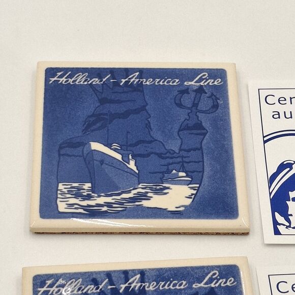 Holland American Cruise Line Neptune Blue Delft Coaster Tiles w/Cork Set of 2 - Picture 3 of 10
